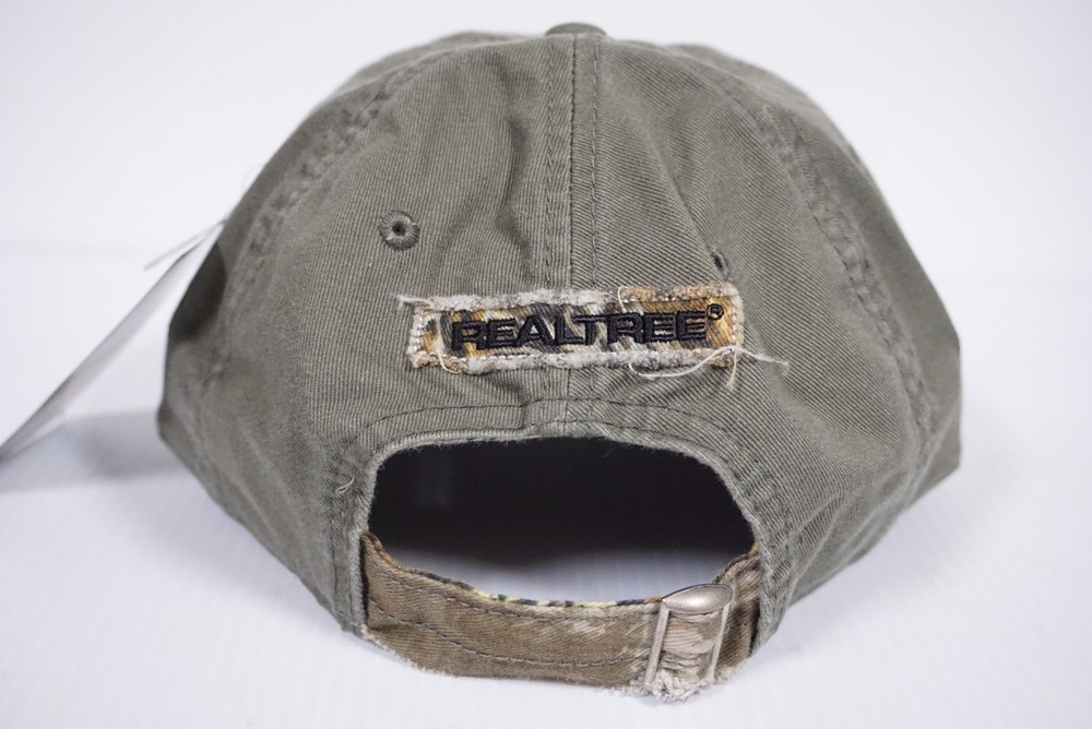 Team Realtree Distressed Adjustable Strap Baseball Hat Cap - Olive Green & Camo