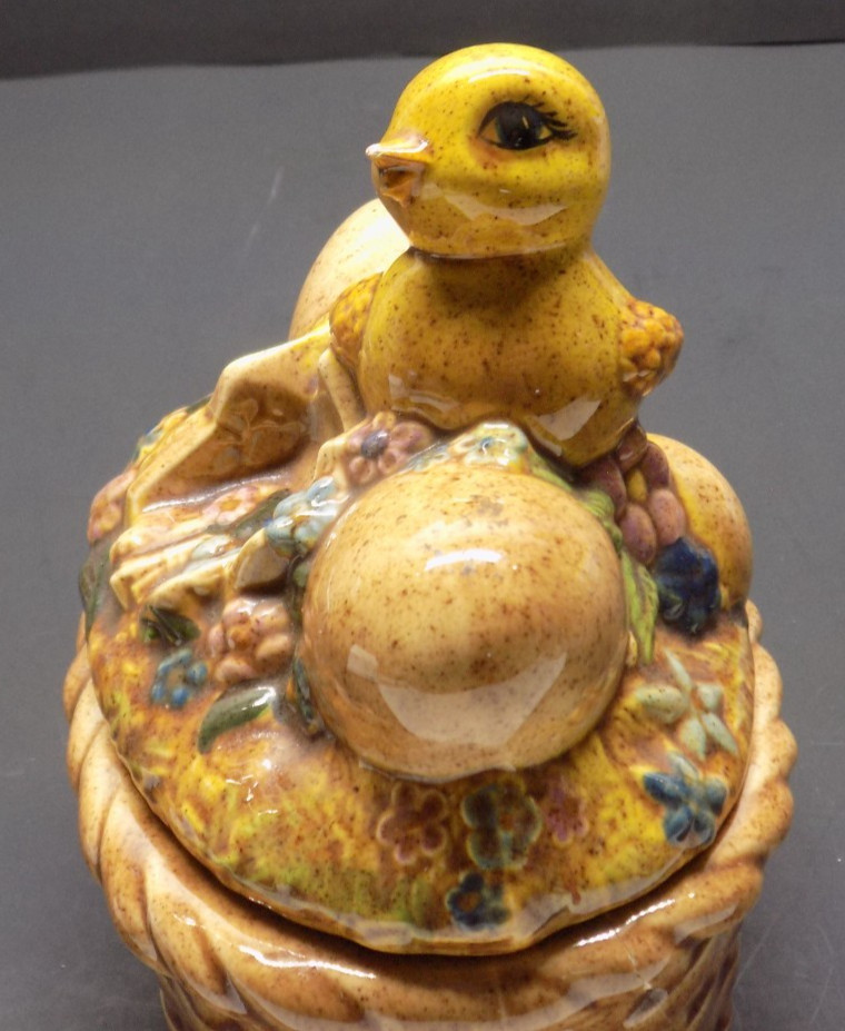 Vintage Ceramic Easter Basket Dish w/ Chick & Eggs Lid Spring Decor
