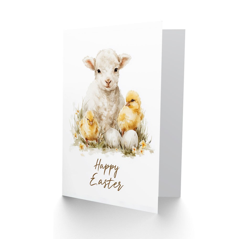 Happy Easter Greeting Card – Lamb and Chicks Design, Blank Inside