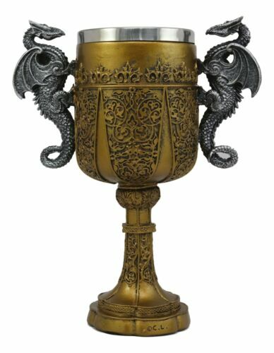 King Arthur Holy Grail The Golden Cup Of Life Dual Dragons Wine Goblet Chalice