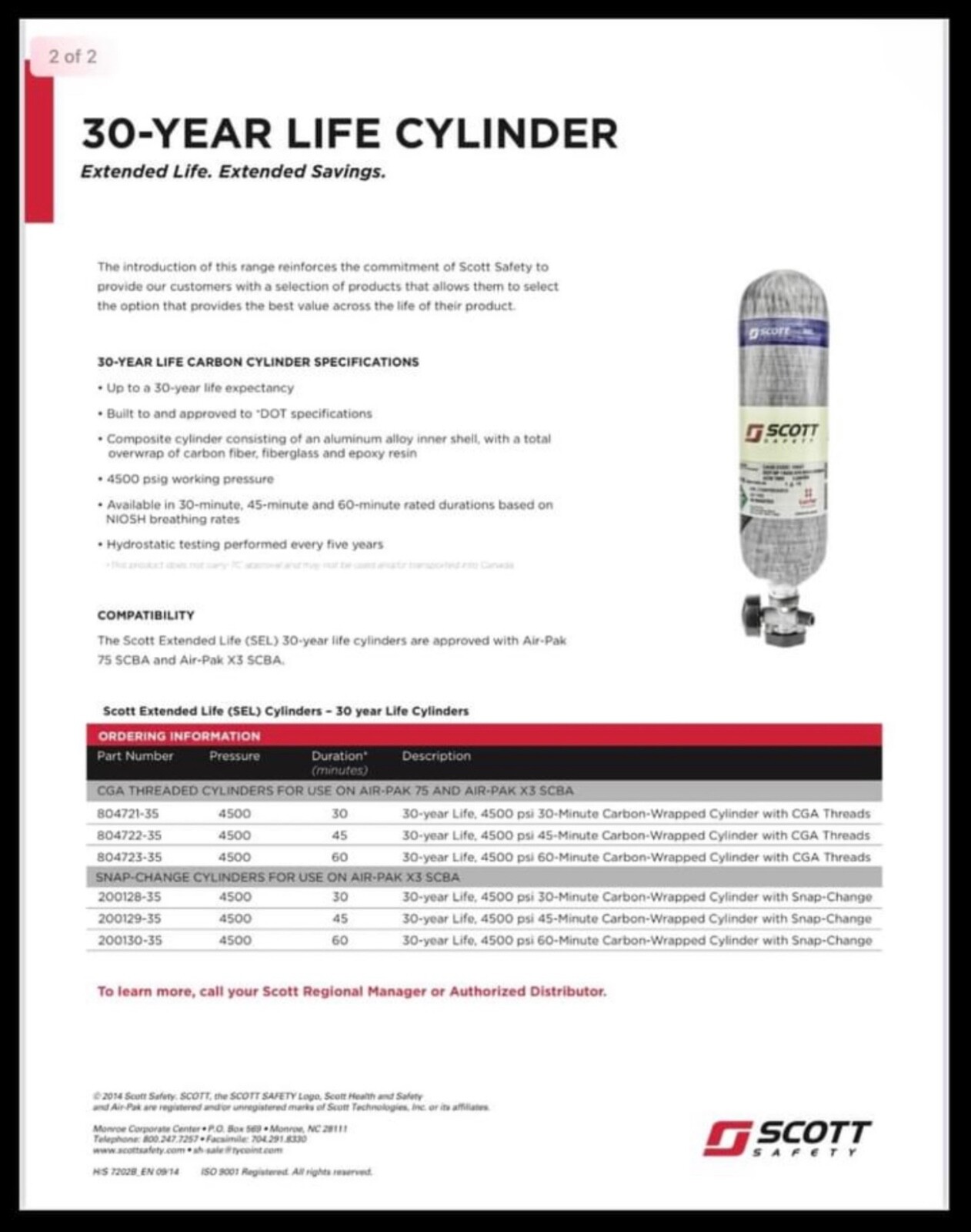 “30 Year SEL” Scott 4500PSI 45MIN Firefighter SCBA Bottle Tank Cylinder Mfr 2014