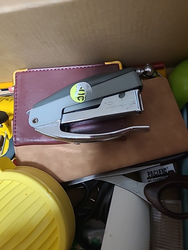 BOX OF HOUSEHOLD ITEMS: SCISSORS, STAPLER, ETC.