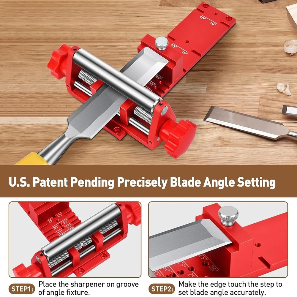 Chisel Sharpening System with Adjustable Jaws and Angle Fixture for Consistency