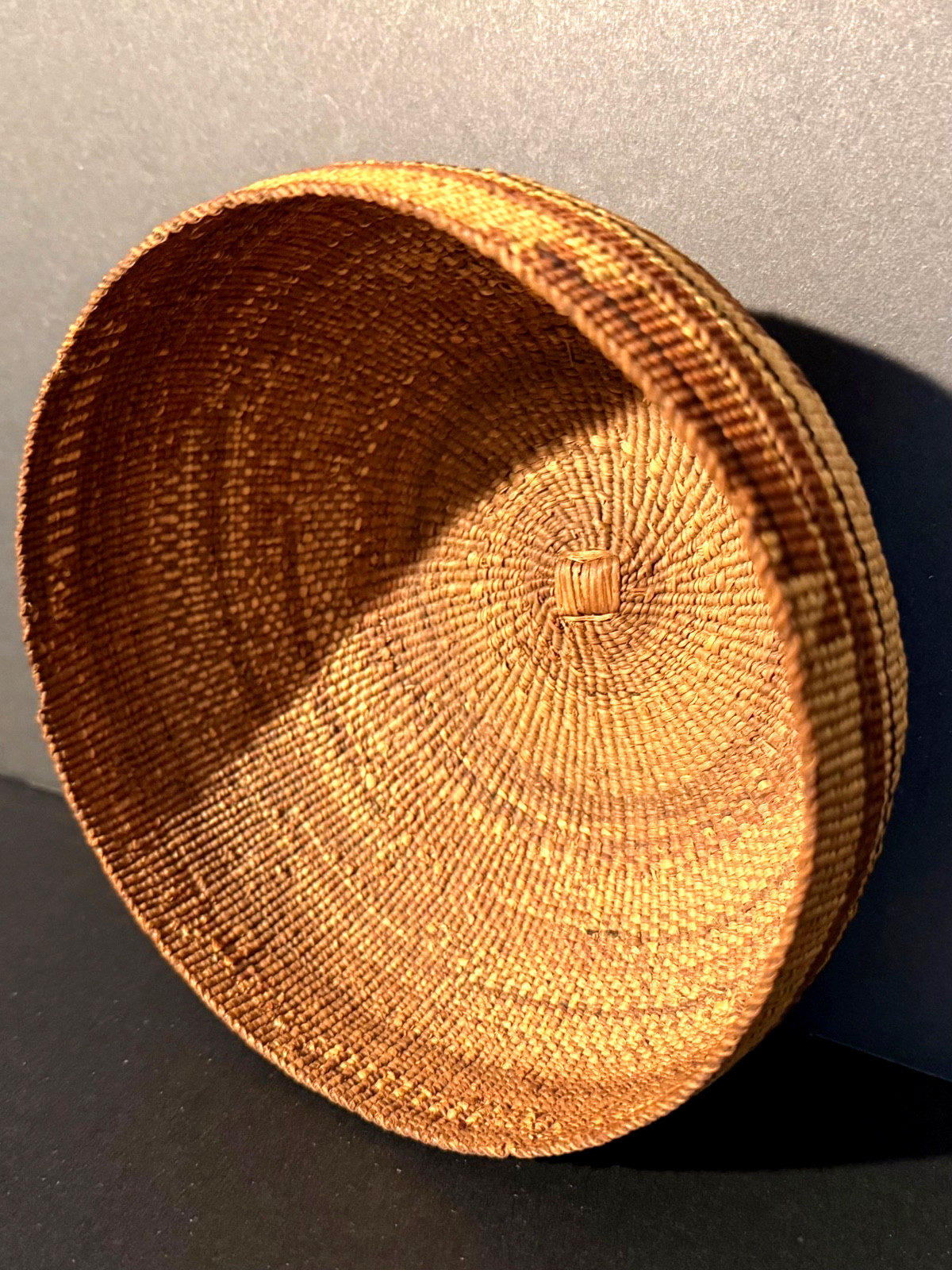 EXTRAORDINARY HUPA FANCY CAP BASKET, BEAR GRASS & FERN OVERLAY, C1890, EXCELLENT