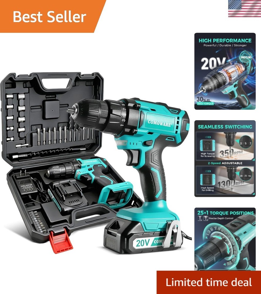 High-Power 20V Cordless Drill with LED Light & Adjustable Torque Control