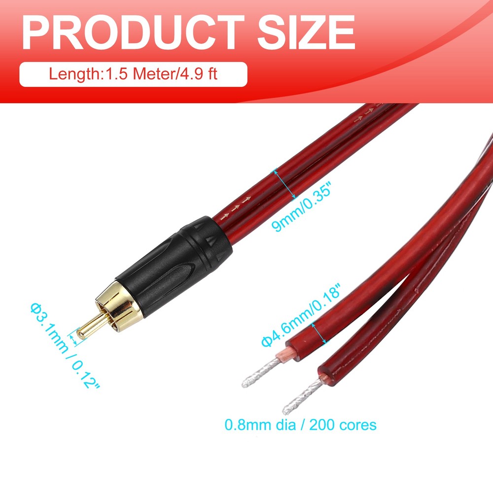 2 Pcs Gold Plated RCA Cable, 4.9ft (1.5 Meter) RCA to Bare Wire Open End
