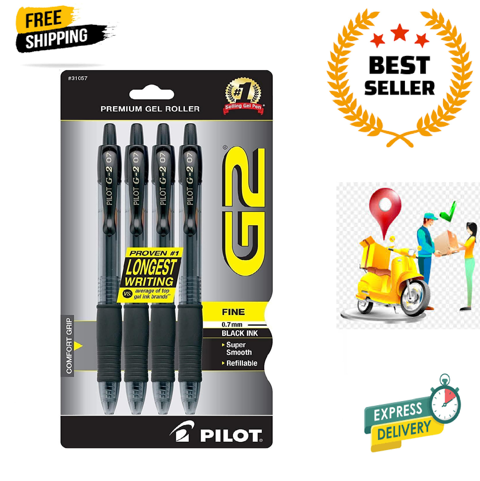 Pilot G2 0.7mm Roller Ball Gel Pens Black Ink 5-Pack (31078)