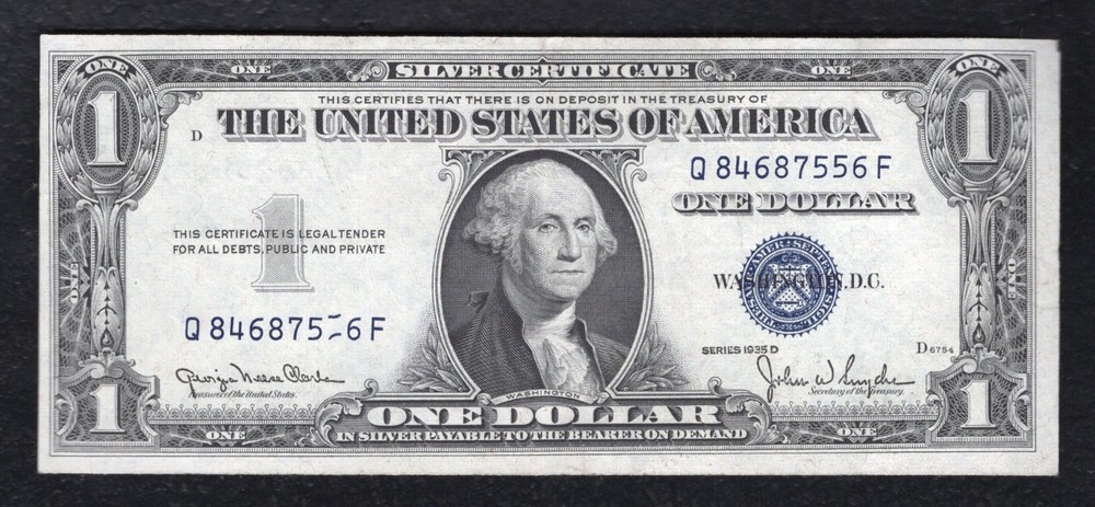 1935-D $1 SILVER CERTIFICATE “STUCK DIGIT ERROR” ABOUT UNCIRCULATED