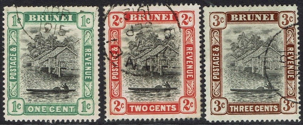 BRUNEI 1907 RIVER VIEW 1C - 3C WMK MULTI CROWN CA USED