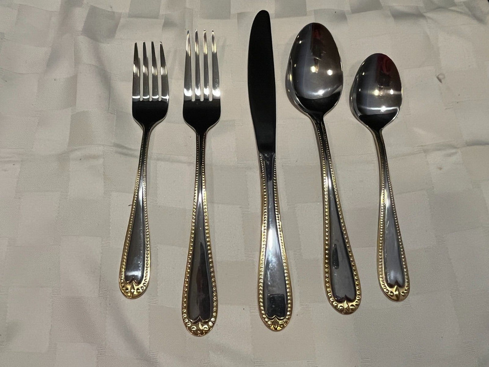 40 Pieces Stainless Flatware, Gold Bead Trim, 8 Place Settings