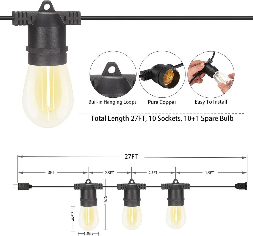 Vintage S14 LED String Lights 54ft Shatterproof IP65 Warm White Connectable