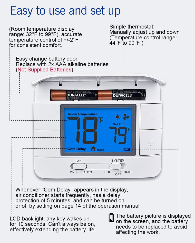 Non Programmable Thermostat for Home 1 Heat/ 1 Cool Single-Stage System, with Ro