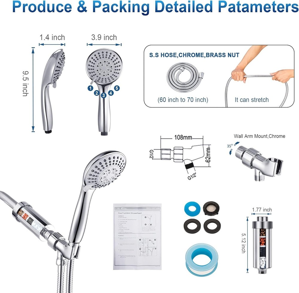 High Pressure Handheld Shower Head with Filter, Filtered Set