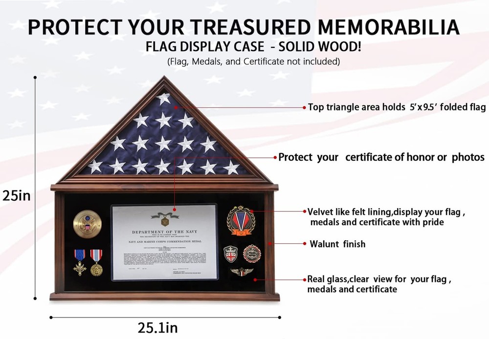 Large Burial Flag Display Case American Flag Solid Wood Display Case Fits a 5...