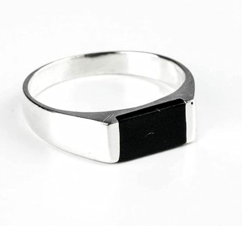 Men’s Black Onyx Style Ring Silver Minimalist Rectangular Signet Band