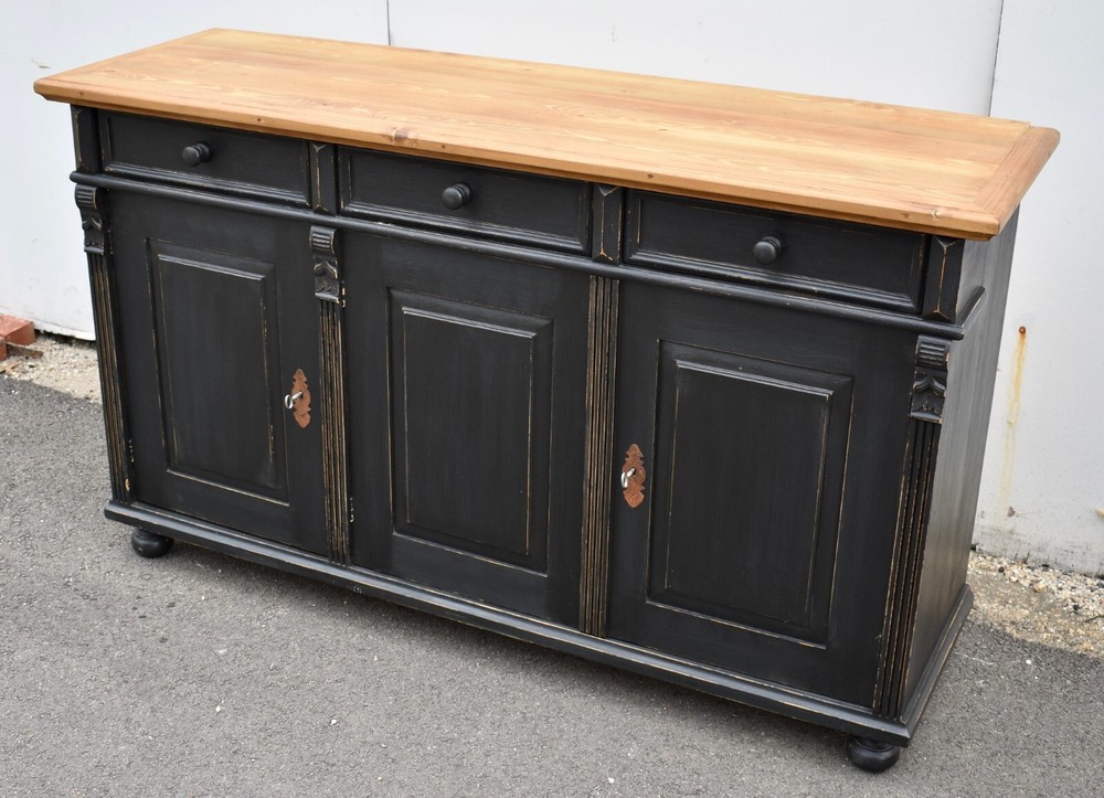 Painted Pine Three Door Sideboard, Reproduction.