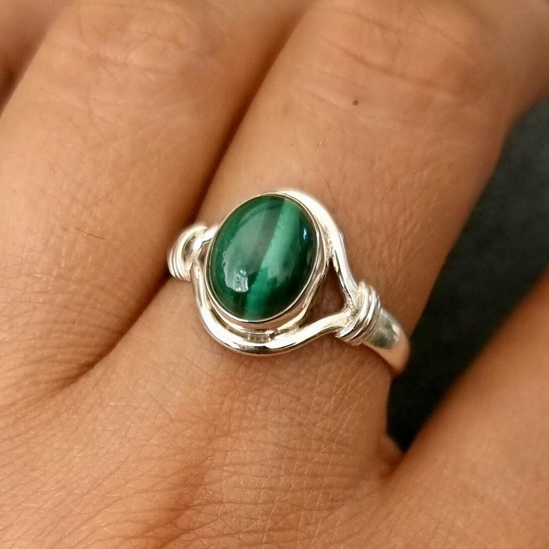 Solid 925Sterling Silver Natural Malachite Oval Gemstone Handmade Boho Band Ring