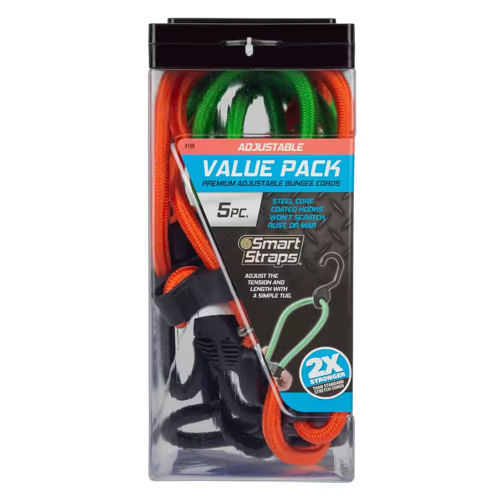 Super Strong, Adjustable Bungee Cord with Hooks Value Pack Assortment - 5 Piece