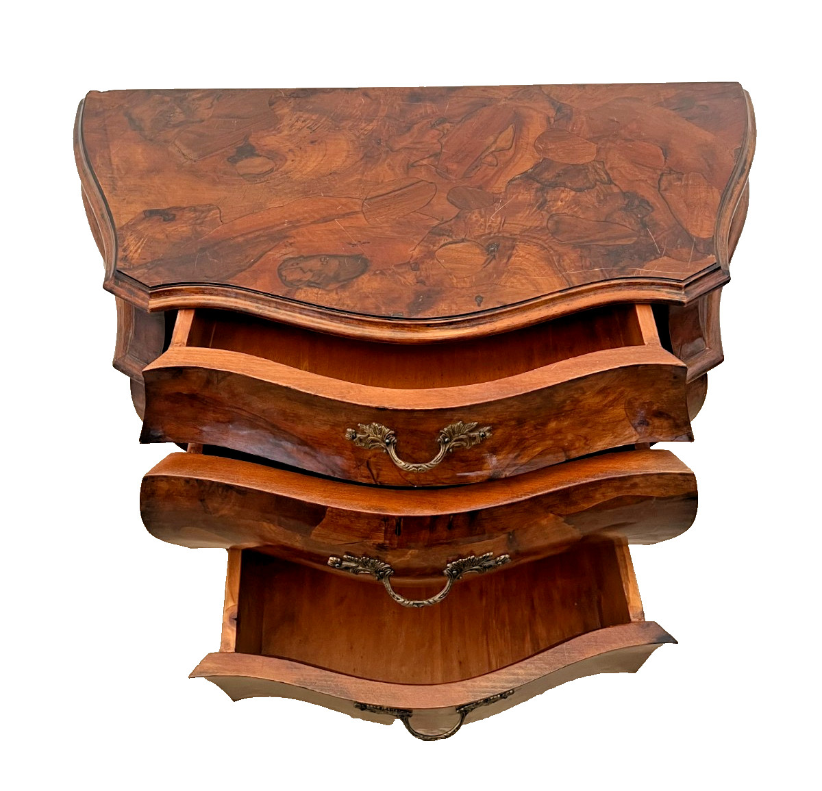 Vintage Venetian Bombe Commode Small Chest of Drawers Burl Turtle shell walnut