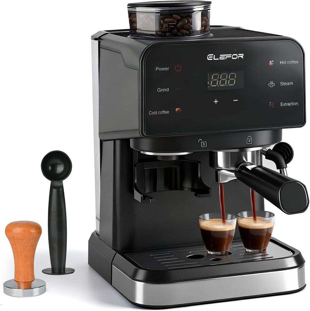 20 Bar Espresso Machine & Grinder - Black Coffee Maker