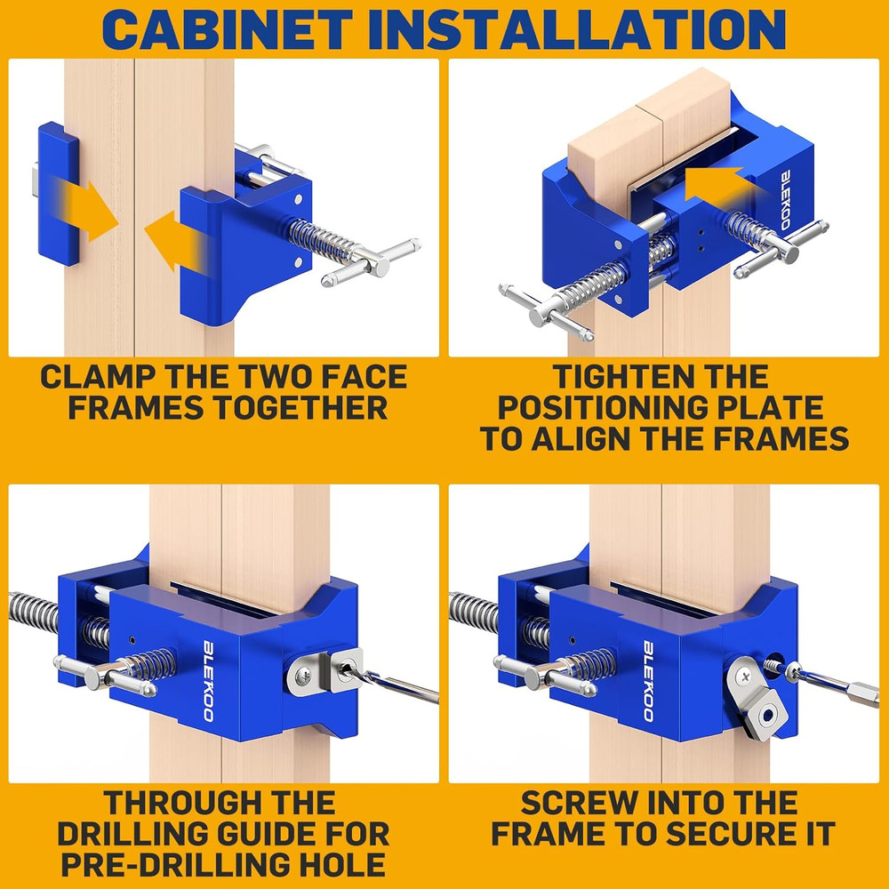 2 Pack Cabinet Clamps for Installation, Solid Drilling Tool with Pilot Hole Guid