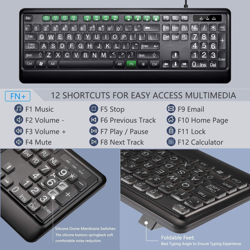 Large Print Backlit Keyboard, USB Wired Computer Keyboard, Full Size Keyboard...