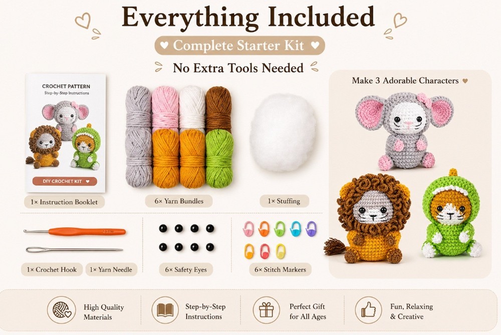 Cat Crochet Kit 3 Pack for Beginners Amigurumi DIY Set with Video Tutorial