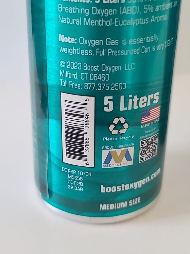 ( 2 ) BOOST OXYGEN 95% Pure Oxygen, Menthol-Eucalyptus, 5 L, MEDIUM Unit