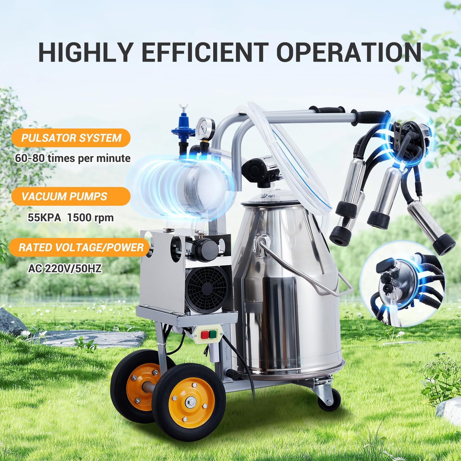 55KPA 1500 RPM Electric Milking Machine 25L Bucket 5-8 Cows Per Hour 120V Milker