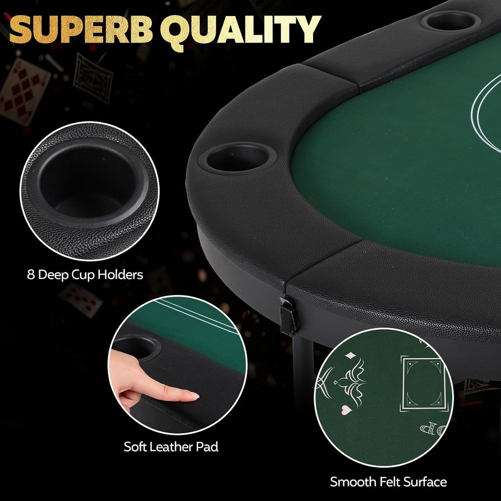 72" Foldable 8-Player Poker Table with Cup Holders & Padded Rails