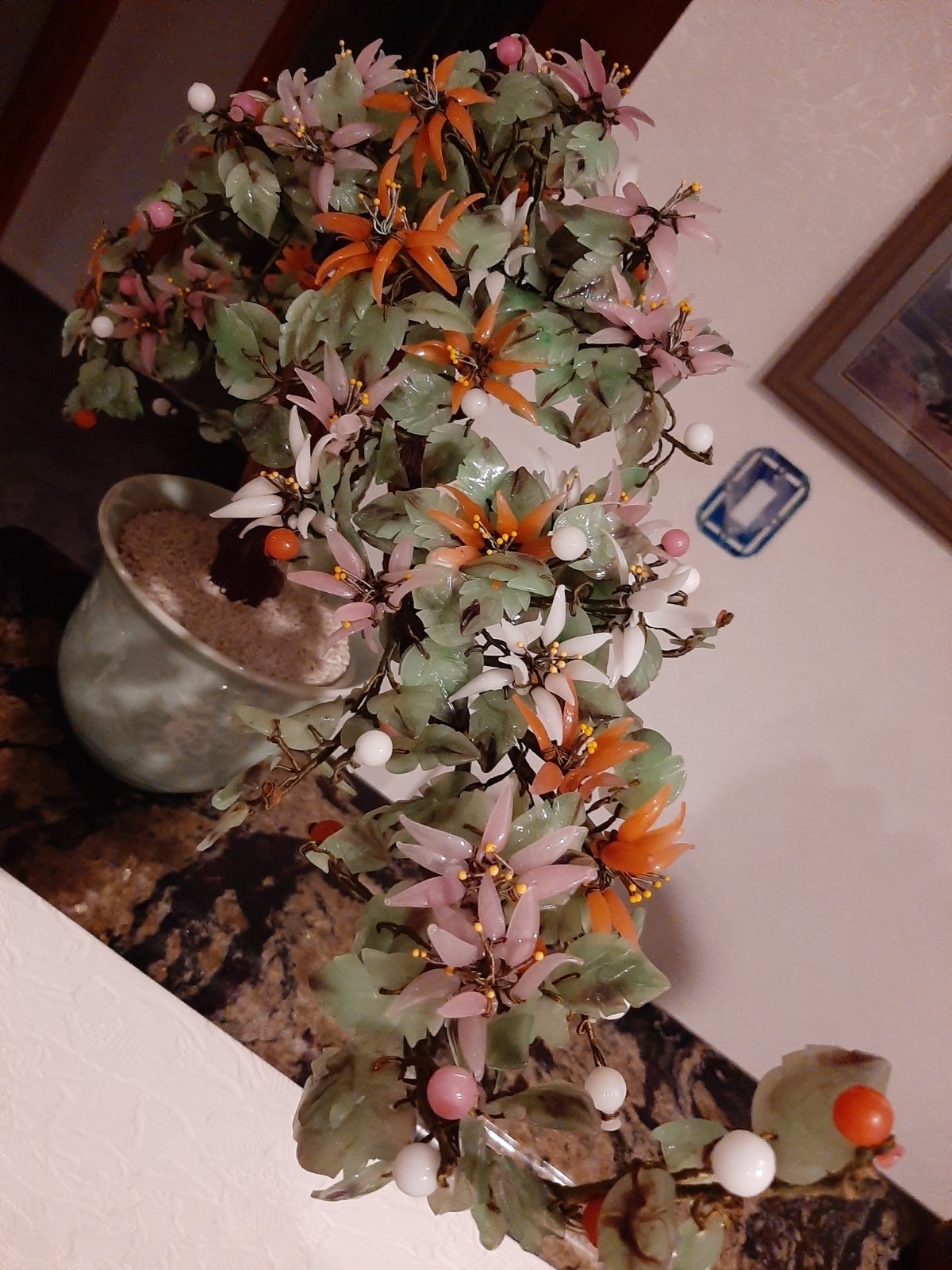 Vintage Chinese Glass Jade Quartz Bonsai Flower Tree In Celadon Pot