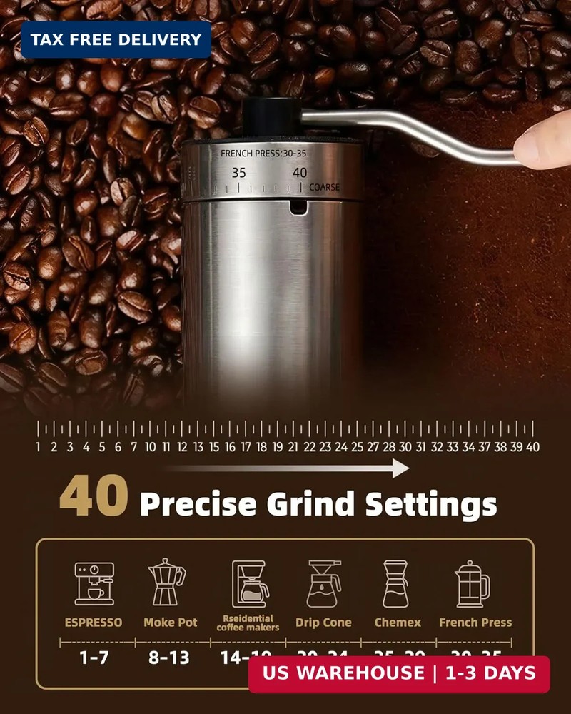 Manual Coffee Grinder with 40 Adjustable Grind Settings With Ceramic Conical Bur