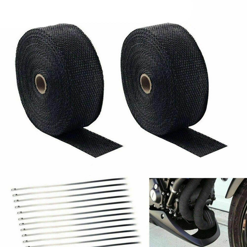 2 Roll x 2" 50Ft Black Fiberglass Exhaust Header Pipe Heat Wrap Tape+20 Ties Kit