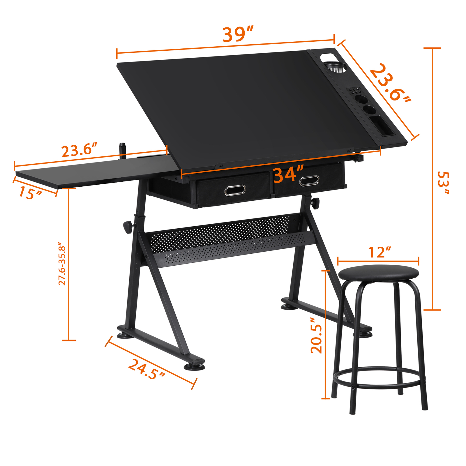 Drafting Table Drawing Desk Art Craft Workstation Adjustable with Stool Black