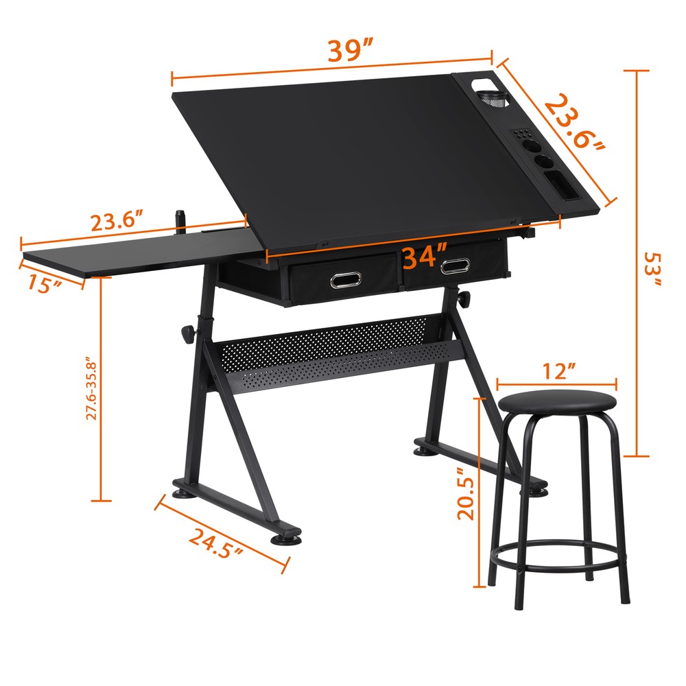 Drafting Table Drawing Desk Workstation Adjustable Tabletop w/Stool & 2 Drawers