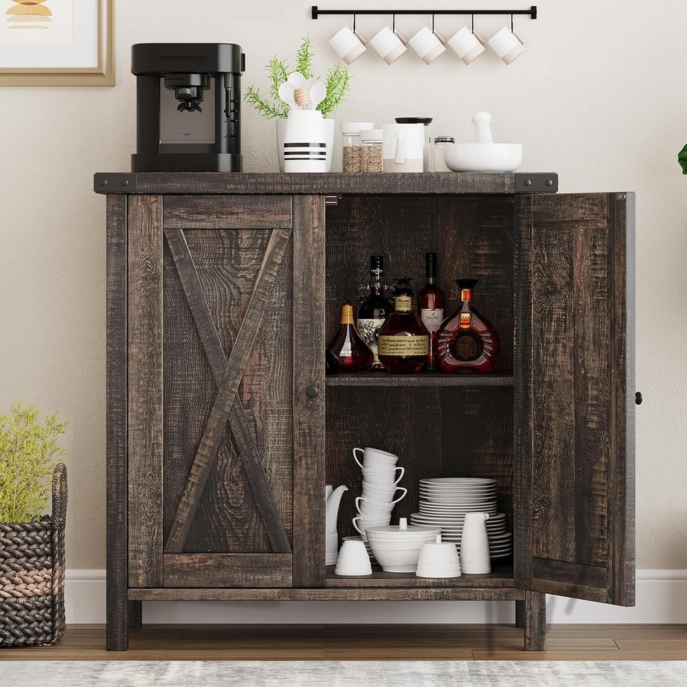 Farmhouse Sideboard Buffet Cabinet with Adjustable Shelf & 2 Barn Doors Kitchen