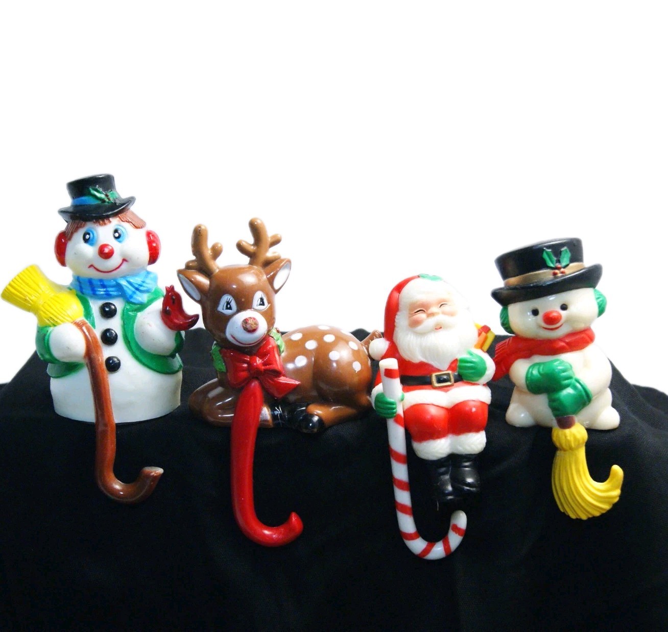 Vintage 1980s Plastic Holiday Stocking Hanger Set – Santa Snowman Reindeer READ