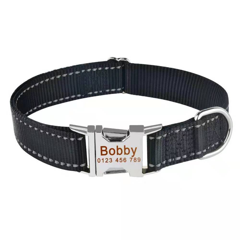 Personalized Nylon dog collar engraved custom ID Tag Name / Number reflective