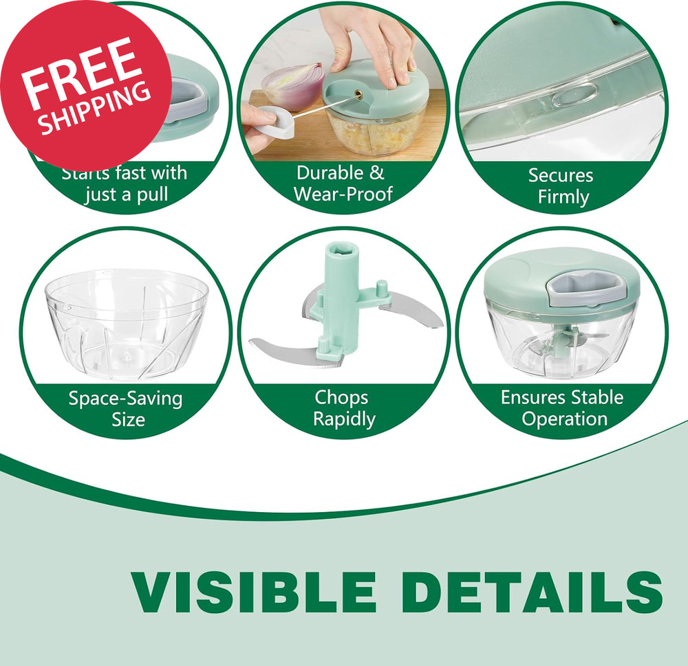 Manual Food Processor Vegetable Chopper,‌ Portable Hand Pull String Garlic Mince