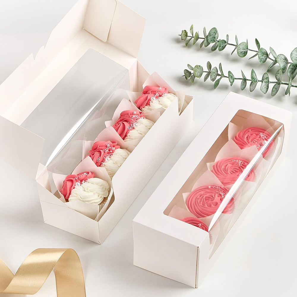 24 Pack 12"X 4" X 3.5" Roll Cake Boxes White Bakery Boxes with Windows Chocolate
