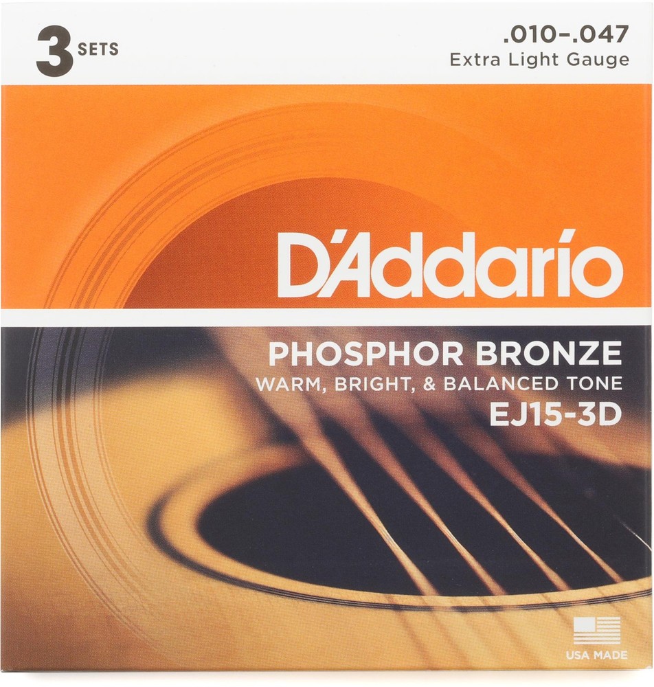 D'Addario EJ15 Phosphor Bronze Extra Light Acoustic Strings 3-Pack