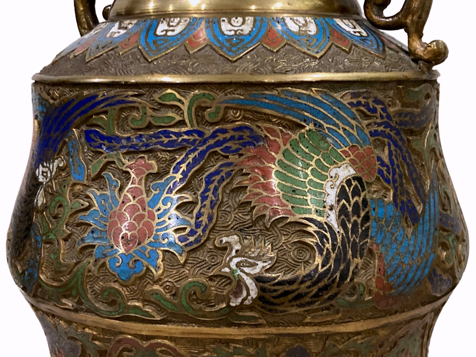 Antique Vintage Rare Shape Lrg Japanese Champleve Cloisonne Enamel Handled Vase