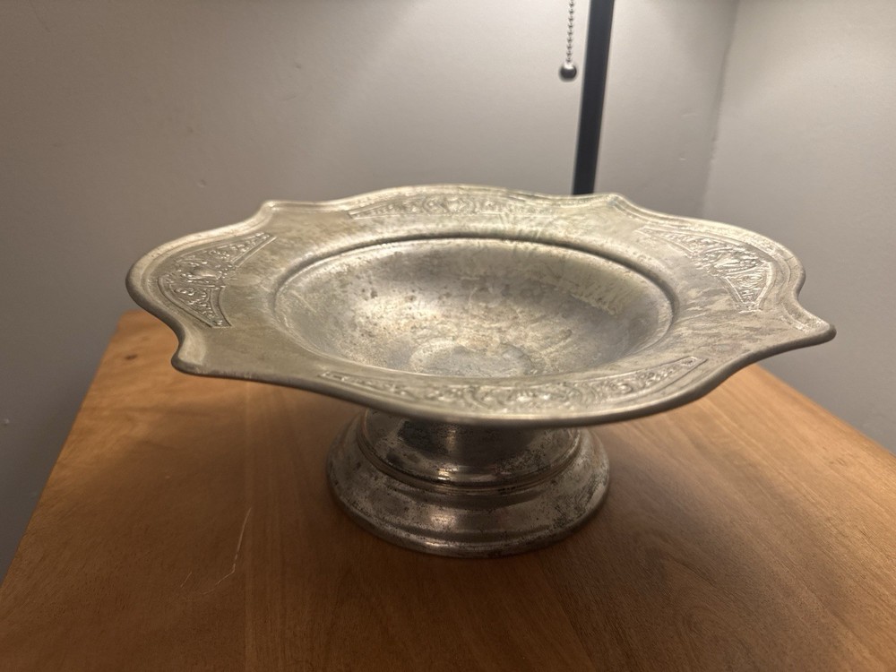 Vintage Ernest Metal Ware Silverplate Compote 10.5”x4” Lions Shield Mark