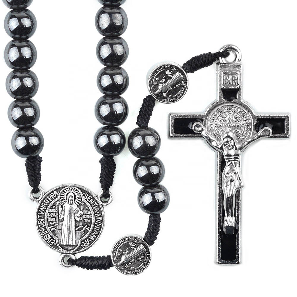 Saint St Benedict Holy Medal 15" Cord Rosary Large 8mm Hematite Beads Black