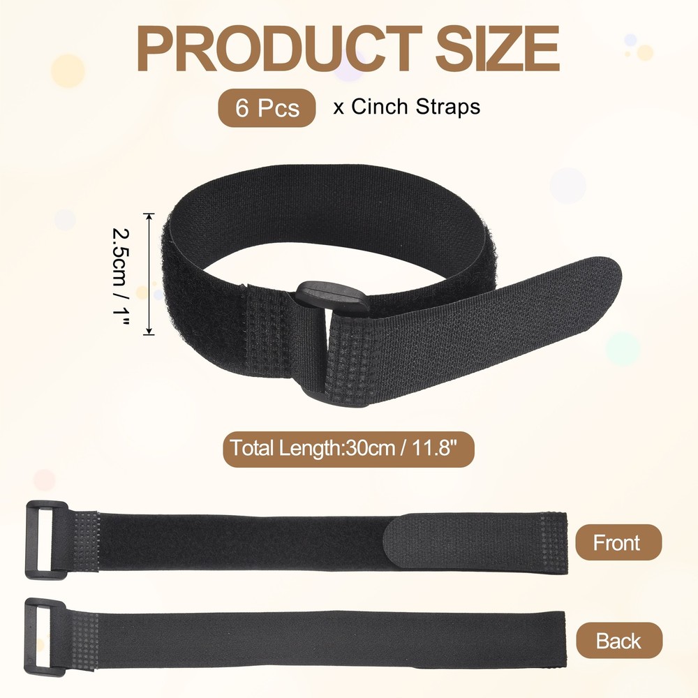 6pcs Reusable Cinch Straps 1"x11.8" Hook and Loop Cable Securing Straps, Black