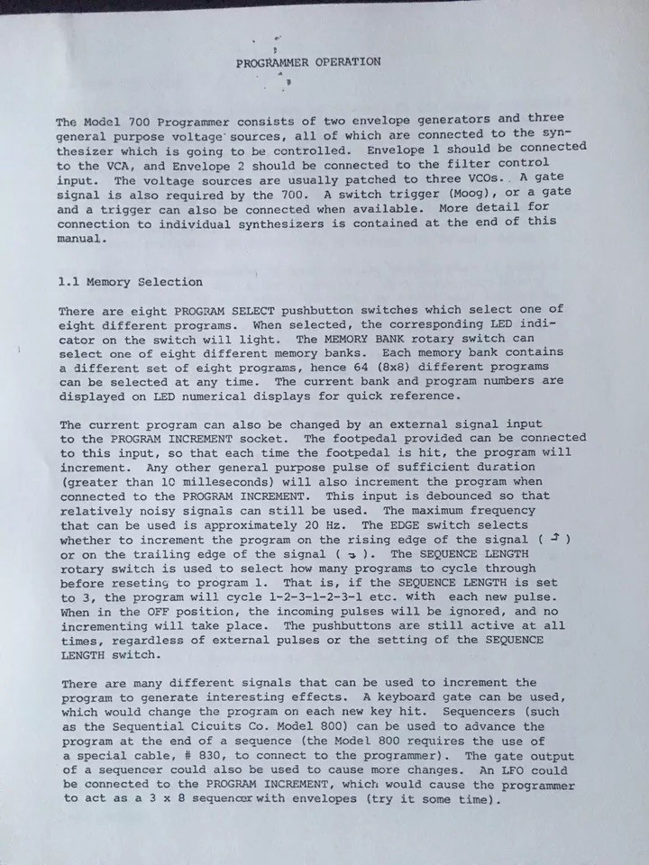 SEQUENTIAL CIRCUITS MODEL 700 PROGRAMMER - MANUAL- COPY
