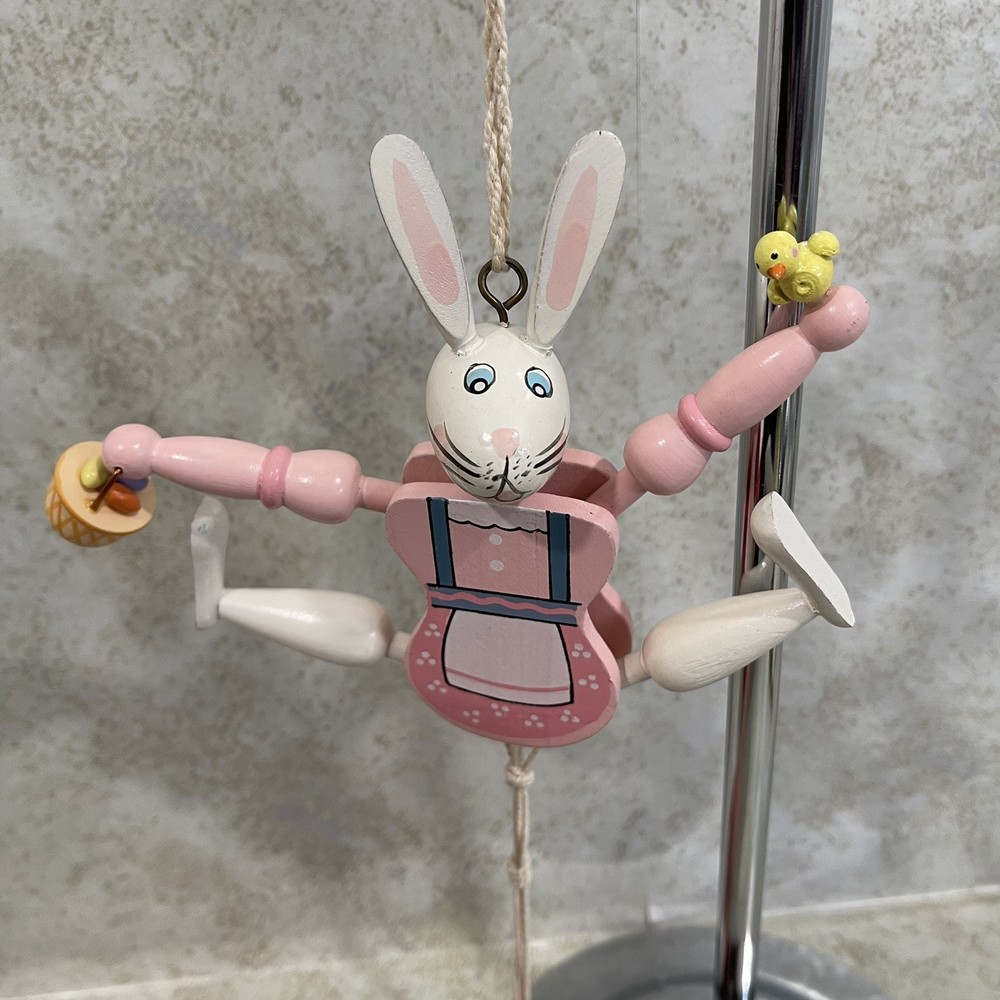 Vintage Wooden Easter Rabbit Bunny Pull-String Toy Jumping Puppet 7.5” H