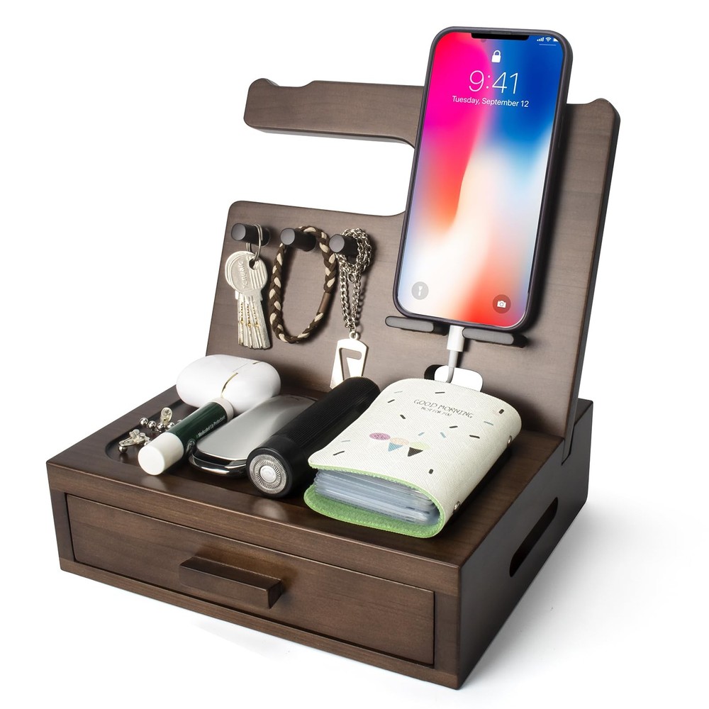 Solid Wood Nightstand Organizer Phone Docking Station Dark Walnut Cedar