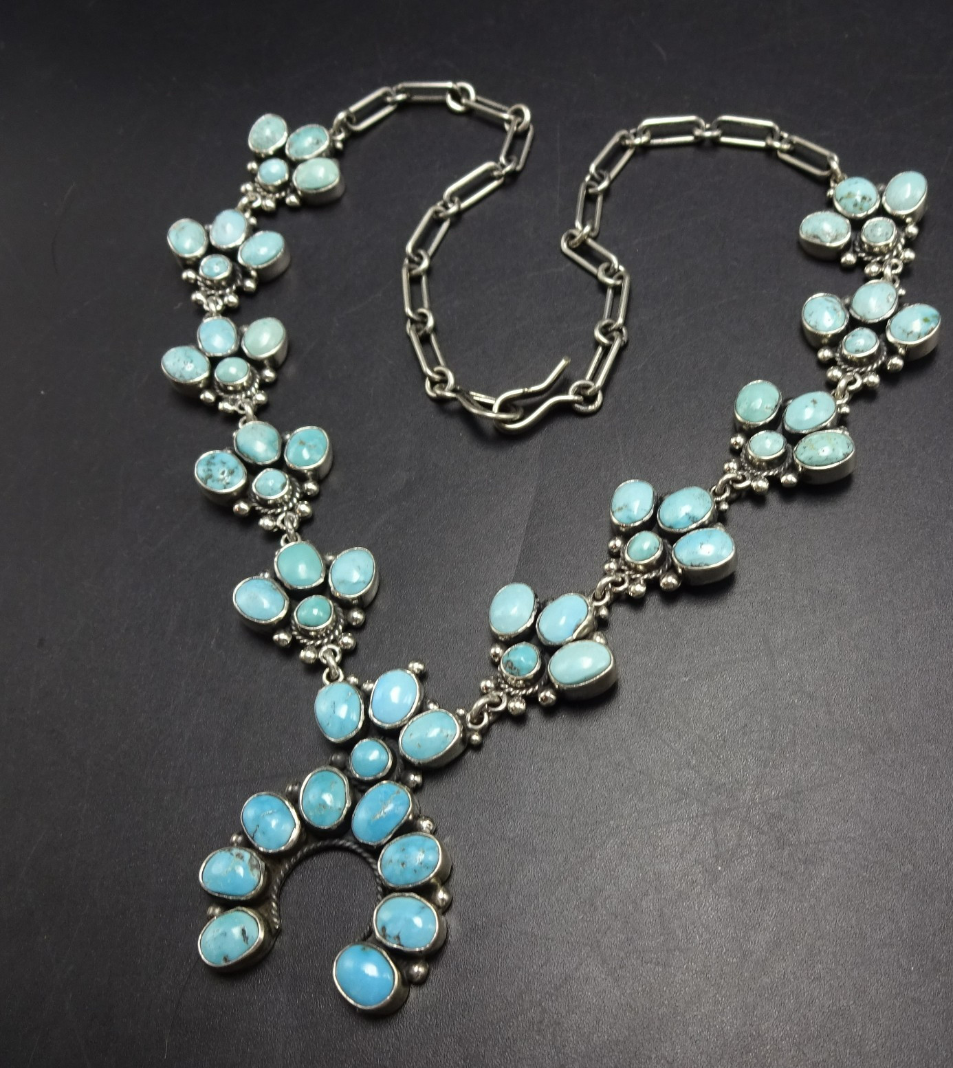 Diminutive FEDERICO JIMENEZ Sterling Silver TURQUOISE CLUSTER Squash Necklace