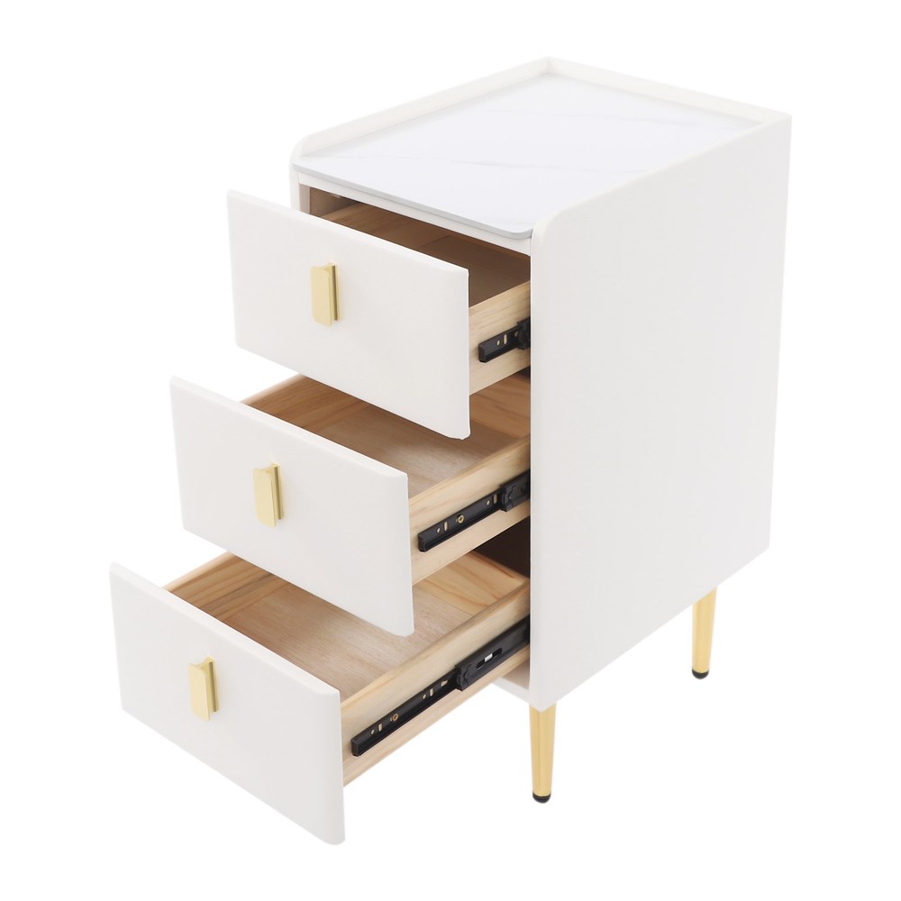 3 Drawer Narrow Side Table - Leather & Wood, Titanium-plated, Rectangular Modern